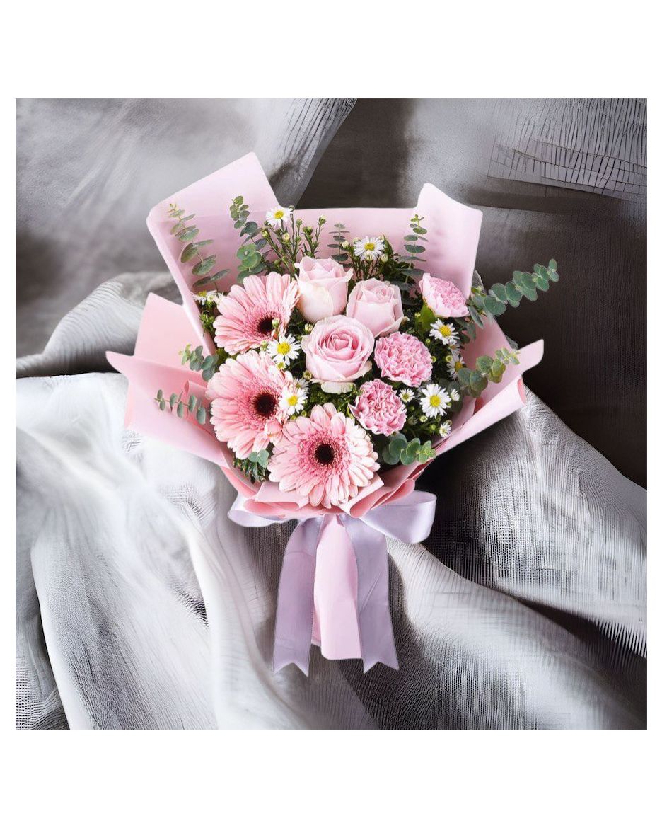 Pembe gül gerbera buketi