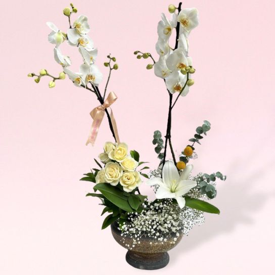 Lüks Vazoda Beyaz Orkide Ve Beyaz Gül