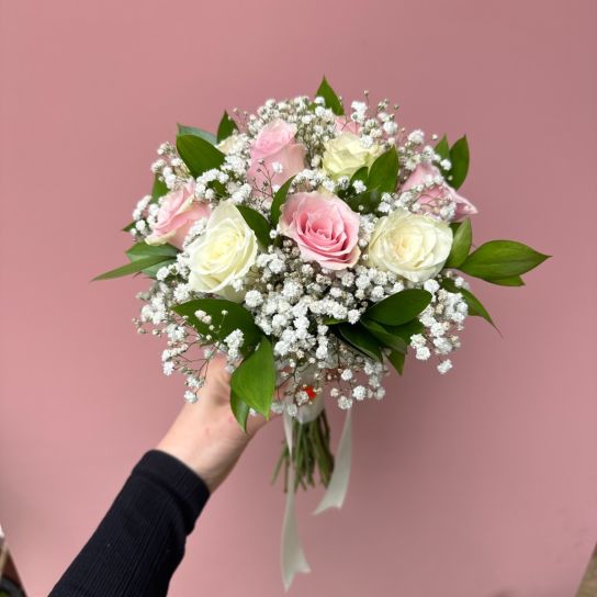 Pembe Ve Beyaz Gül Gelin Buketi