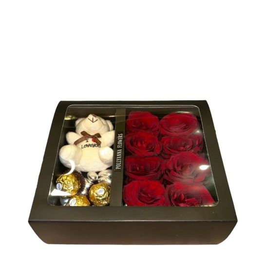 Premium Black Kutuda Mini Ayıcıklı Kırmızı Gül Ve Çikolata