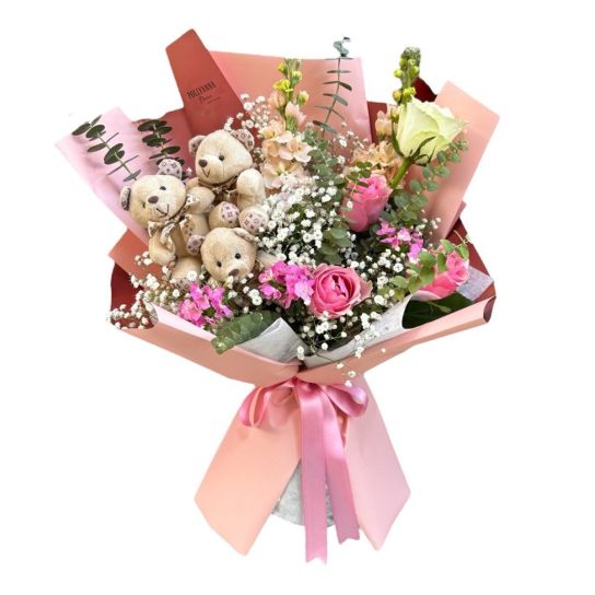 3'lü Ayıcıklı Gül Ve Mevsim Çiçekleri Buketi